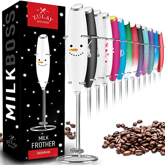 A series of colorful milk frothers. The first one shown has a snowman face.