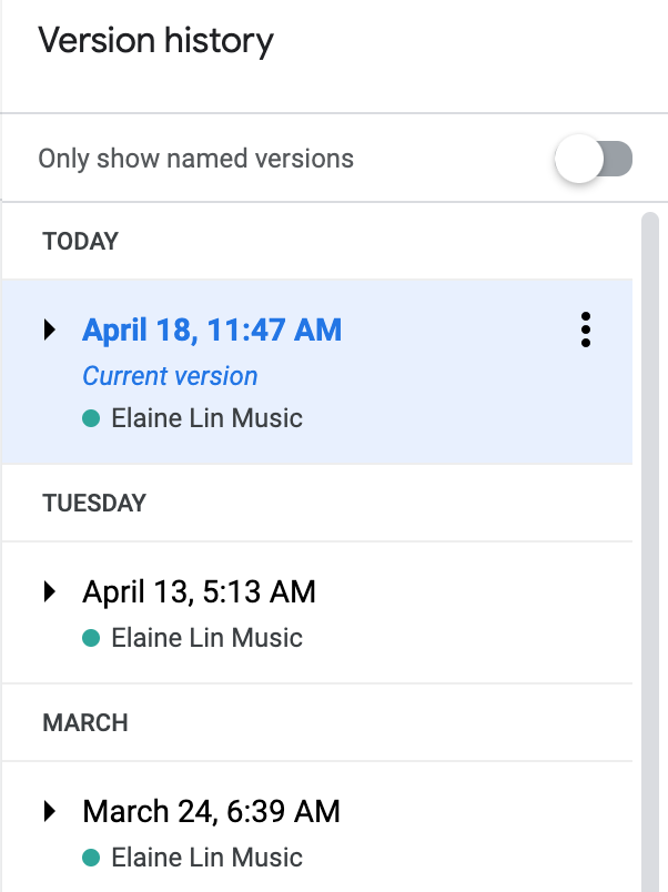 A screenshot of Google Docs version history