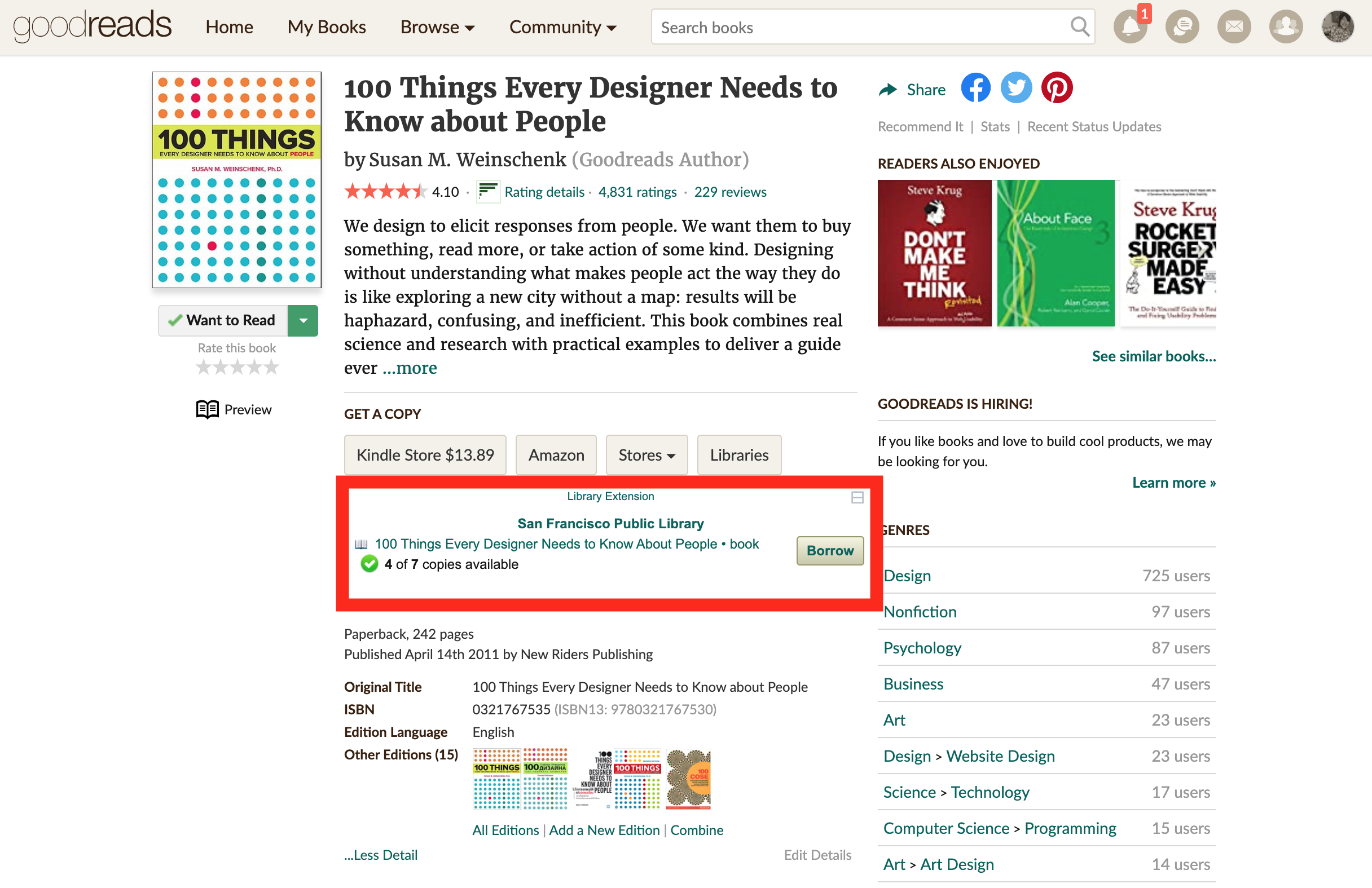 A screenshot of the Goodreads website. There's an additional box that says 'Library Extension. San Francisco Public Library. 4 of 7 copies available.'